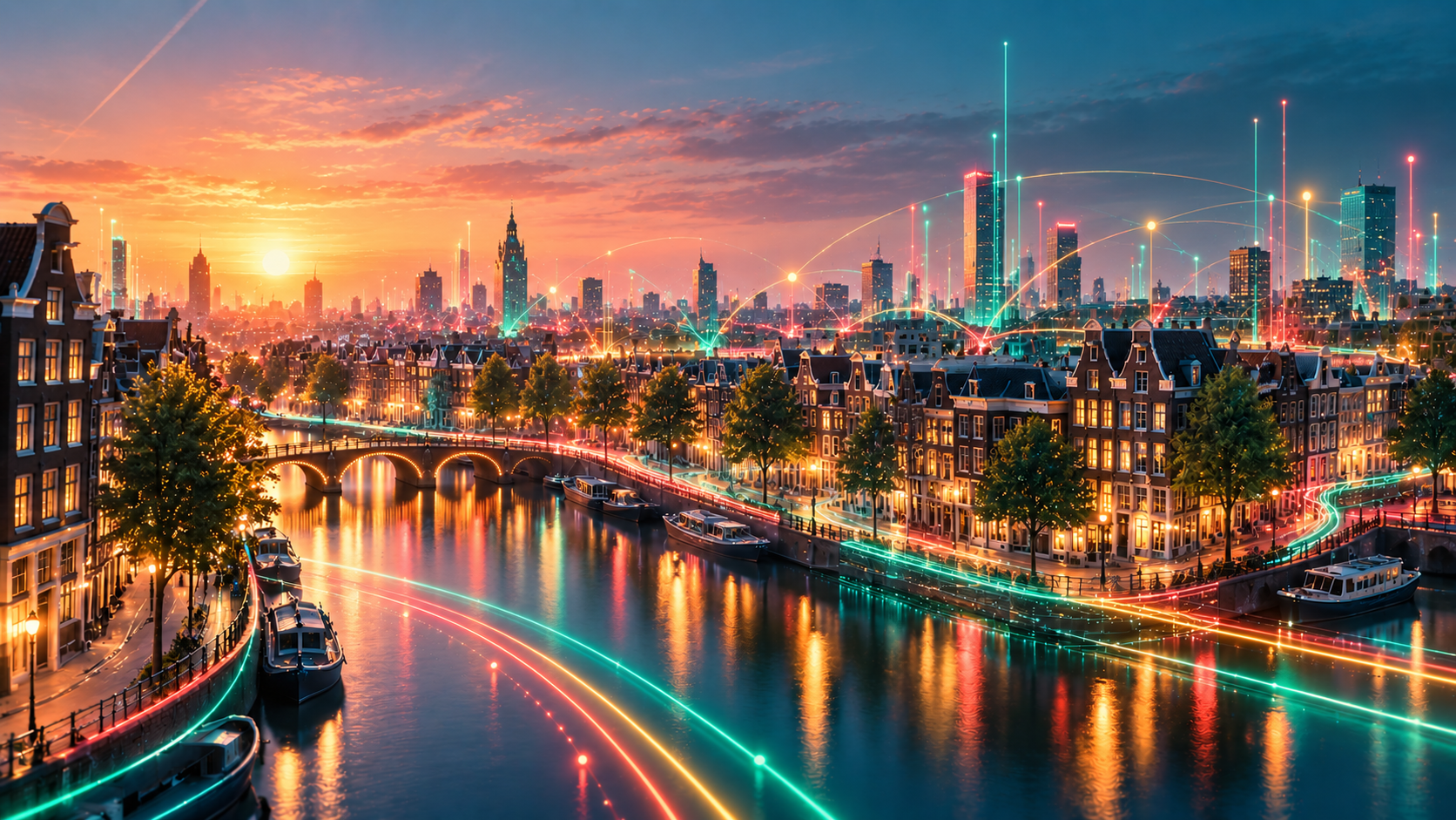 Amsterdam bij zonsondergang, verbonden door kleurrijke lichtlijnen
